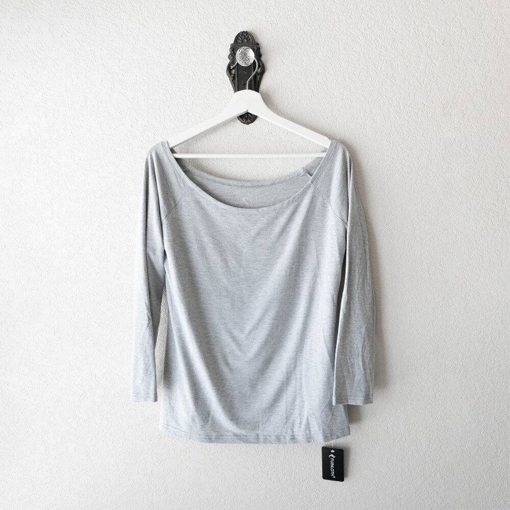 Fuinloth XL Gray Off Shoulder Long Sleeve Stretch Knit Top NWT Boat Neck